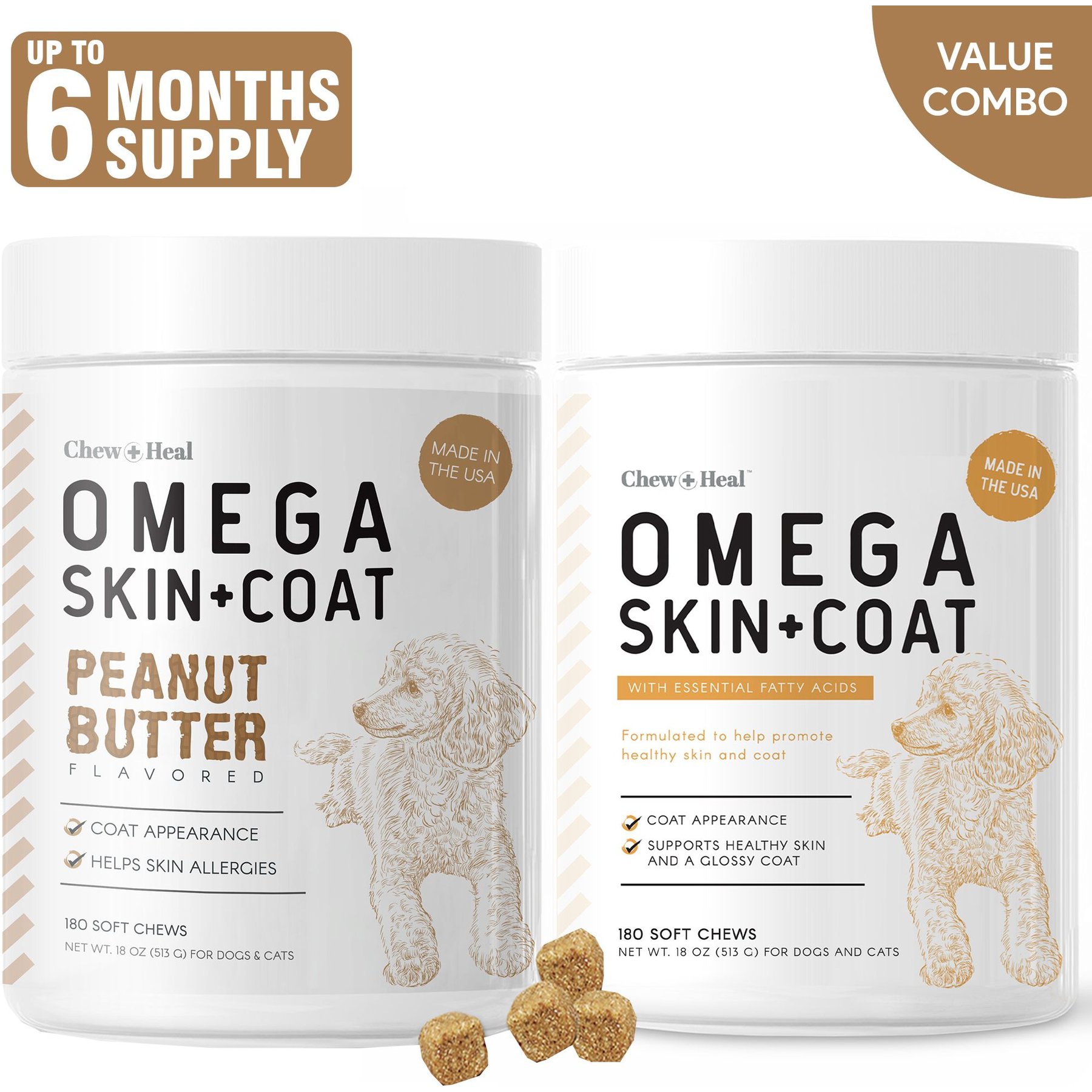 Chew + Heal Omega Skin + Coat Chicken & Original Peanut Butter Flavored Soft Chew Bundle Supplement for Dogs, 360 count