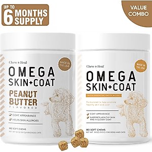 Chew + Heal Omega Skin + Coat Chicken & Original Peanut Butter Flavored Soft Chew Bundle Supplement for Dogs, 360 count