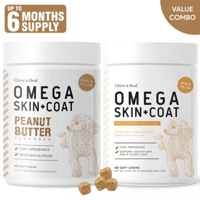 Show full view: Chew + Heal Omega Skin + Coat Chicken & Original Peanut Butter Flavored Soft Chew Bundle Supplement for Dogs, 360 count slide 1 of 9