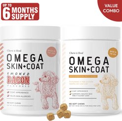 Chew + Heal Omega Skin + Coat Smoked Bacon & Peanut Butter Flavored Soft Chew Bundle Supplement for Dogs, 360 count