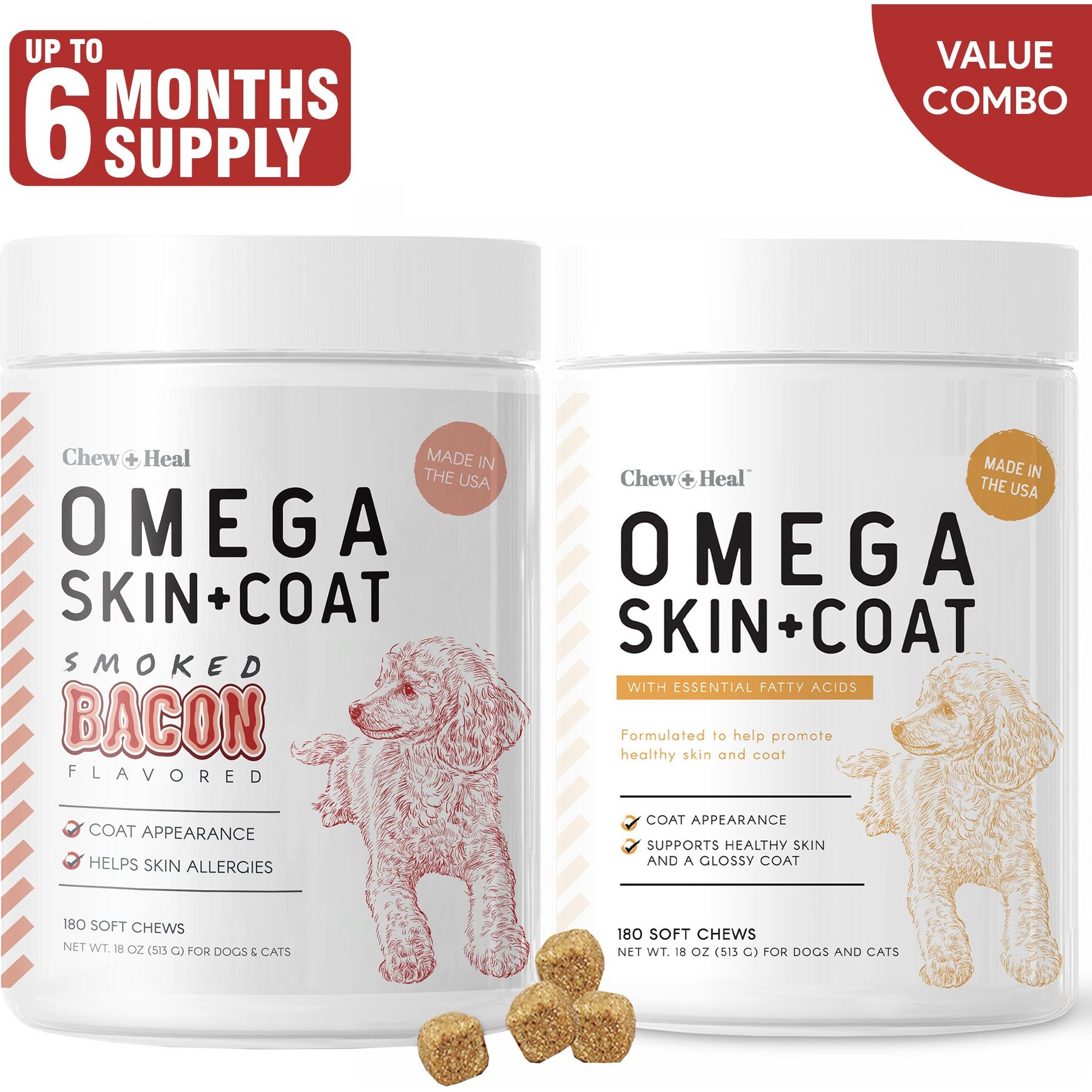 Chew + Heal Omega Skin + Coat Smoked Bacon & Peanut Butter Flavored Soft Chew Bundle Supplement for Dogs, 360 count