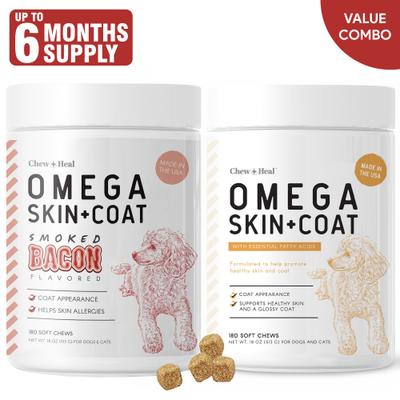 Show full view: Chew + Heal Omega Skin + Coat Smoked Bacon & Peanut Butter Flavored Soft Chew Bundle Supplement for Dogs, 360 count slide 1 of 9