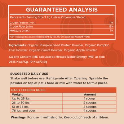 Show full view: Chew + Heal Organic Pumpkin Digestive Defense Superfood Blend Powder Digestive Aid Supplement for Dogs, 16-oz jar slide 10 of 11