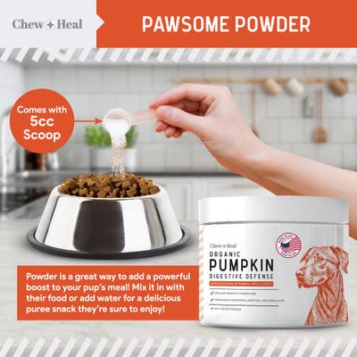 Show full view: Chew + Heal Organic Pumpkin Digestive Defense Superfood Blend Powder Digestive Aid Supplement for Dogs, 16-oz jar slide 5 of 11