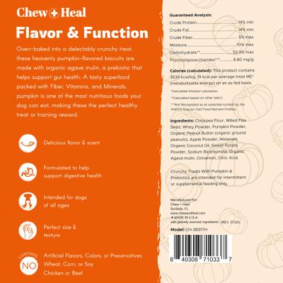 Show full view: Chew + Heal Pumpkin & Prebiotic Fiber Crunchy Biscuit Dog Treats, 5-oz bag slide 9 of 10