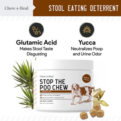 Show full view: Chew + Heal Stop The Poo Soft Chew Coprophagia & Digestive Supplement for Dogs, 120 count slide 4 of 8