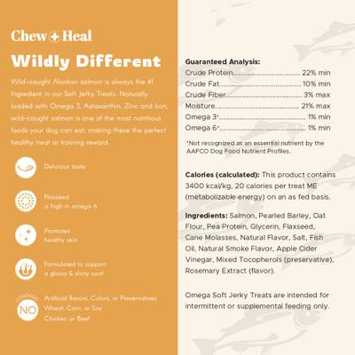 Show full view: Chew + Heal Wild Alaskan Omega Skin + Coat Salmon Soft Jerky Dog Treats, 12-oz bag slide 10 of 12
