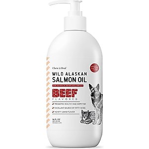 Chew + Heal Wild Alaskan Salmon Oil Hearty Beef Flavored Liquid Skin & Coat Supplement for Dogs & Cats, 16-fl oz bottle