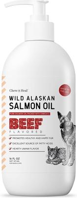 Show full view: Chew + Heal Wild Alaskan Salmon Oil Hearty Beef Flavored Liquid Skin & Coat Supplement for Dogs & Cats, 16-fl oz bottle slide 1 of 12
