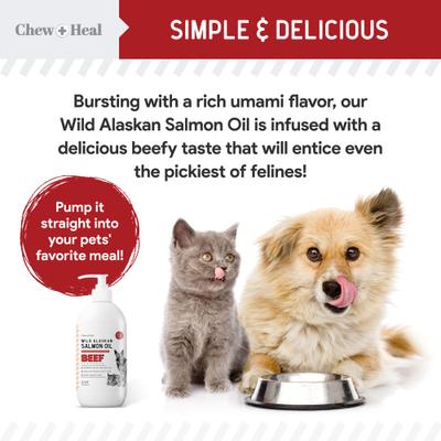 Show full view: Chew + Heal Wild Alaskan Salmon Oil Hearty Beef Flavored Liquid Skin & Coat Supplement for Dogs & Cats, 16-fl oz bottle slide 5 of 12