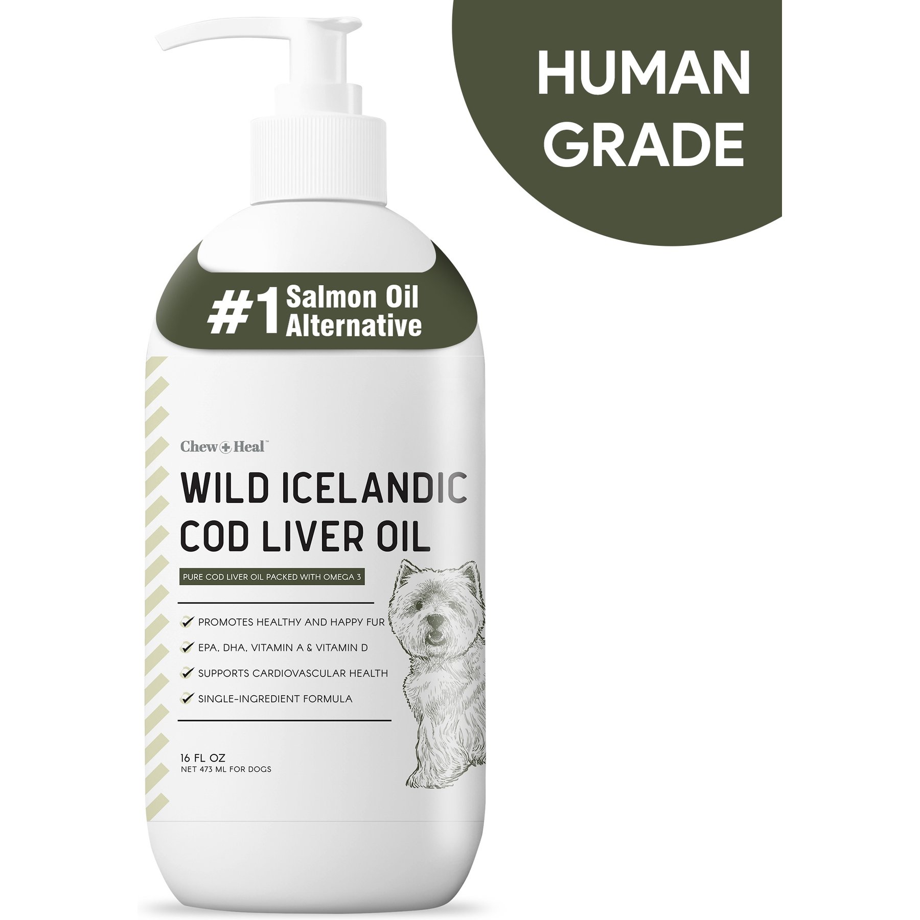 Chew + Heal Wild-Caught Cod Liver Oil Salmon Oil Alternative Skin & Coat Liquid Supplement for Dogs, 16-fl oz bottle