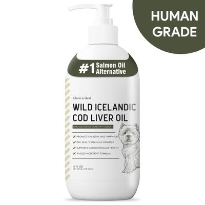 Show full view: Chew + Heal Wild-Caught Cod Liver Oil Salmon Oil Alternative Skin & Coat Liquid Supplement for Dogs, 16-fl oz bottle slide 1 of 11