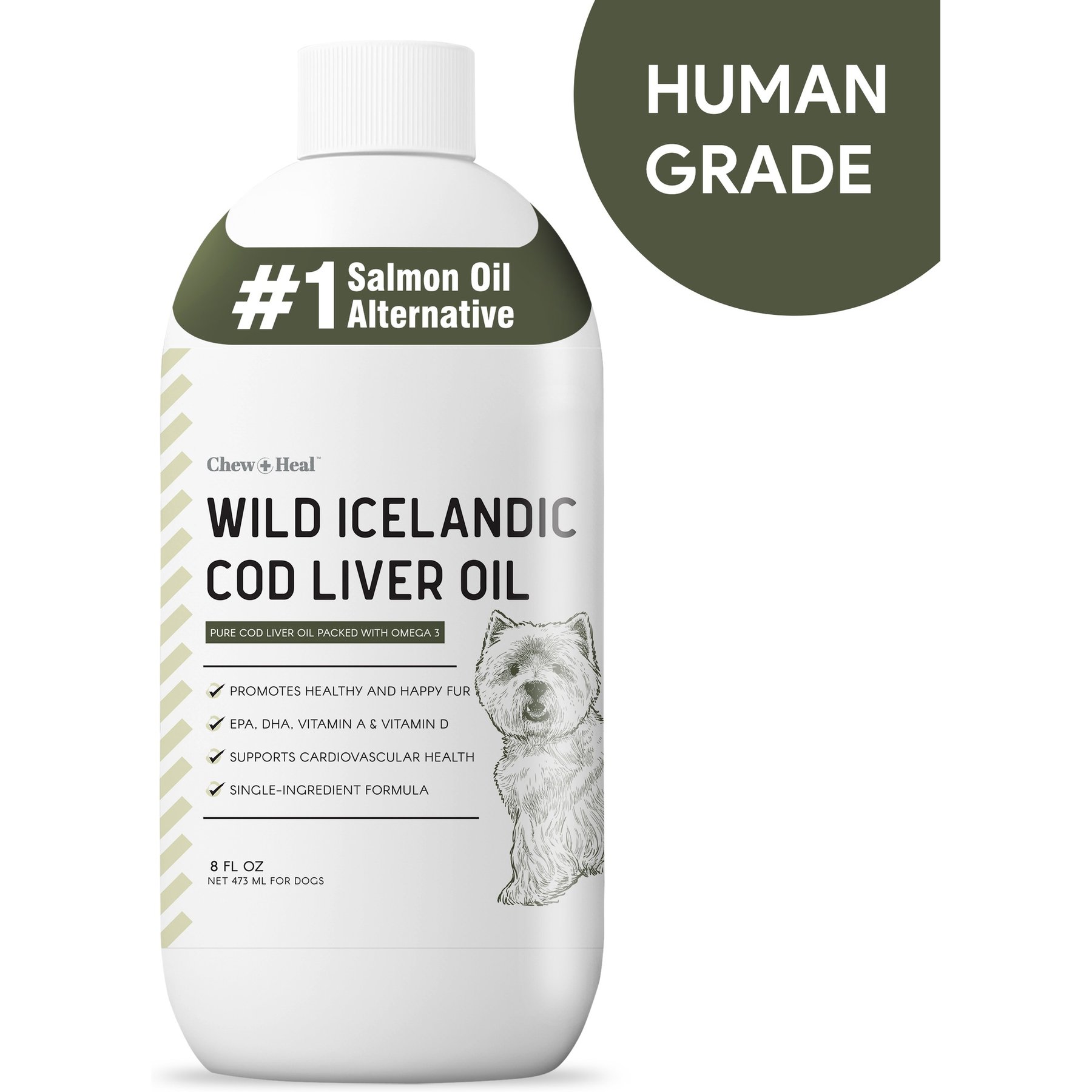 Chew + Heal Wild-Caught Cod Liver Oil Salmon Oil Alternative Skin & Coat Liquid Supplement for Dogs, 8-fl oz bottle