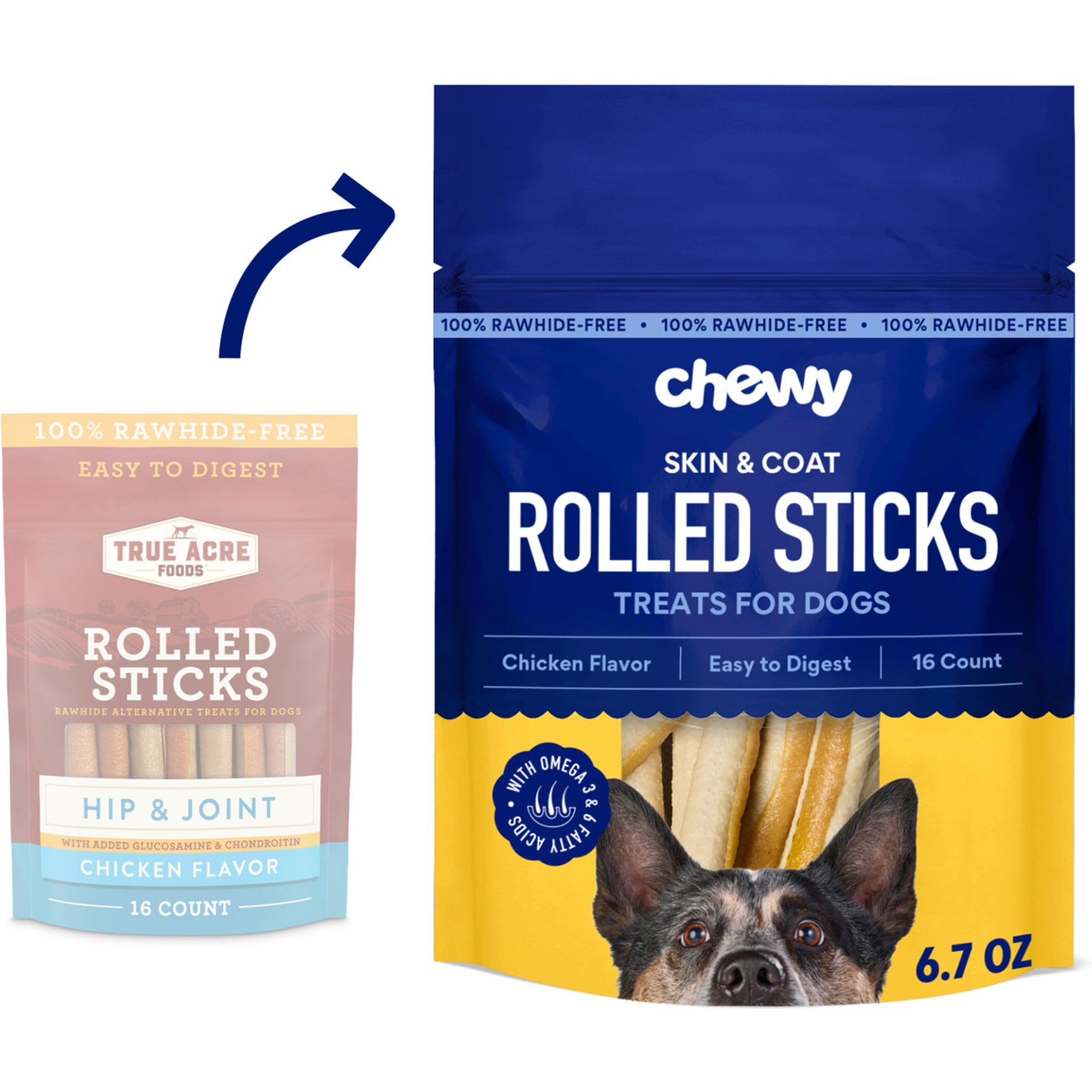 Chewy Made Rawhide-Free, Rolled Sticks, Skin & Coat Chew, with Natural Chicken Flavor Dog Treats (FORMERLY TRUE ACRE FOODS), 16 count