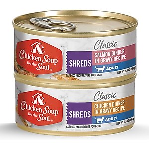Chicken Soup for the Soul Classic Cat Multipack Chicken Dinner in Gravy Recipe Shreds Salmon Dinner in Gravy Recipe Shreds Wet Cat Food, 5.5-oz can, case of 24