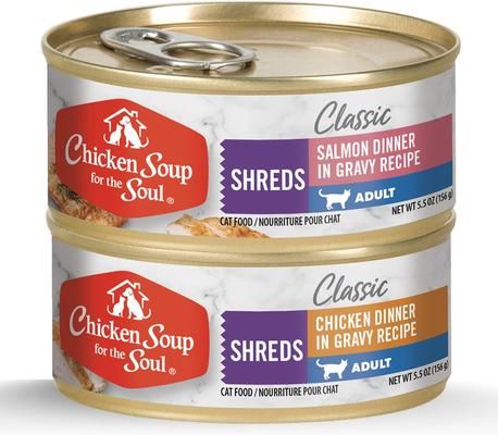 Show full view: Chicken Soup for the Soul Classic Cat Multipack Chicken Dinner in Gravy Recipe Shreds Salmon Dinner in Gravy Recipe Shreds Wet Cat Food, 5.5-oz can, case of 24 slide 1 of 8