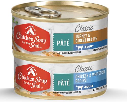 Show full view: Chicken Soup for the Soul Classic Cat Multipack Chicken & Whitefish Recipe Pate Turkey & Giblet Recipe Pate Wet Cat Food, 5.5-oz can, 24 count slide 1 of 9