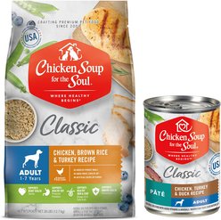 Chicken Soup for the Soul Dry & Wet Food Bundle: Adult Chicken, Turkey, & Brown Rice Dry Food, 28-lb bag + Adult Pate Chicken, Turkey & Duck Canned Food, 13-oz, case of 12