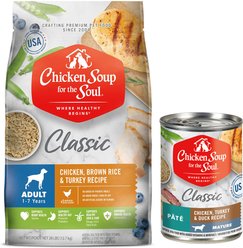 Chicken Soup for the Soul Dry & Wet Food Bundle: Adult Chicken, Turkey, & Brown Rice Dry Food, 28-lb bag + Mature & Senior Chicken, Turkey & Duck Canned Food, 13-oz, case of 12 slide 1 of 9
