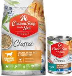 Chicken Soup for the Soul Dry & Wet Food Bundle: Adult Weight Care Brown Rice, Chicken & Turkey Dry Food, 28-lb bag + Adult Pate Chicken, Turkey & Duck Canned Food, 13-oz, case of 12 slide 1 of 9