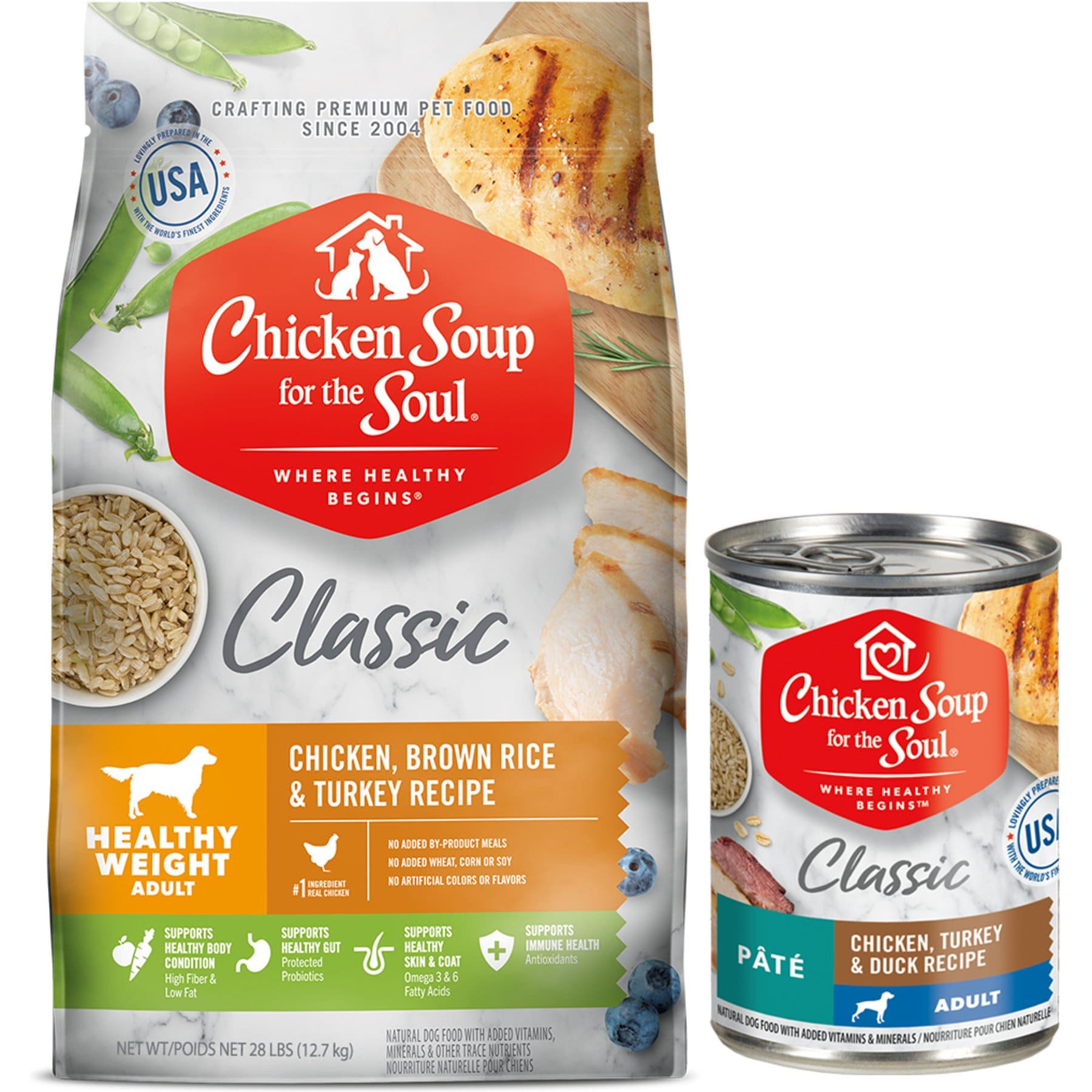 Chicken Soup for the Soul Dry & Wet Food Bundle: Adult Weight Care Brown Rice, Chicken & Turkey Dry Food, 28-lb bag + Adult Pate Chicken, Turkey & Duck Canned Food, 13-oz, case of 12