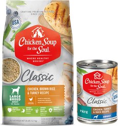 Chicken Soup for the Soul Dry & Wet Food Bundle: Large Breed Adult Chicken, Turkey & Brown Rice Dry Food, 28-lb bag + Adult Pate Chicken, Turkey & Duck Canned Food, 13-oz, case of 12