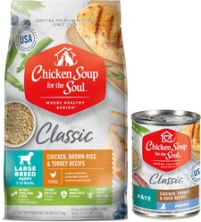 Chicken Soup for the Soul Dry & Wet Food Bundle: Large Breed Puppy Chicken, Turkey & Brown Rice Dry Food, 28-lb bag + Puppy Pate Chicken, Turkey & Duck Canned Food, 13-oz, case of 12 slide 1 of 9
