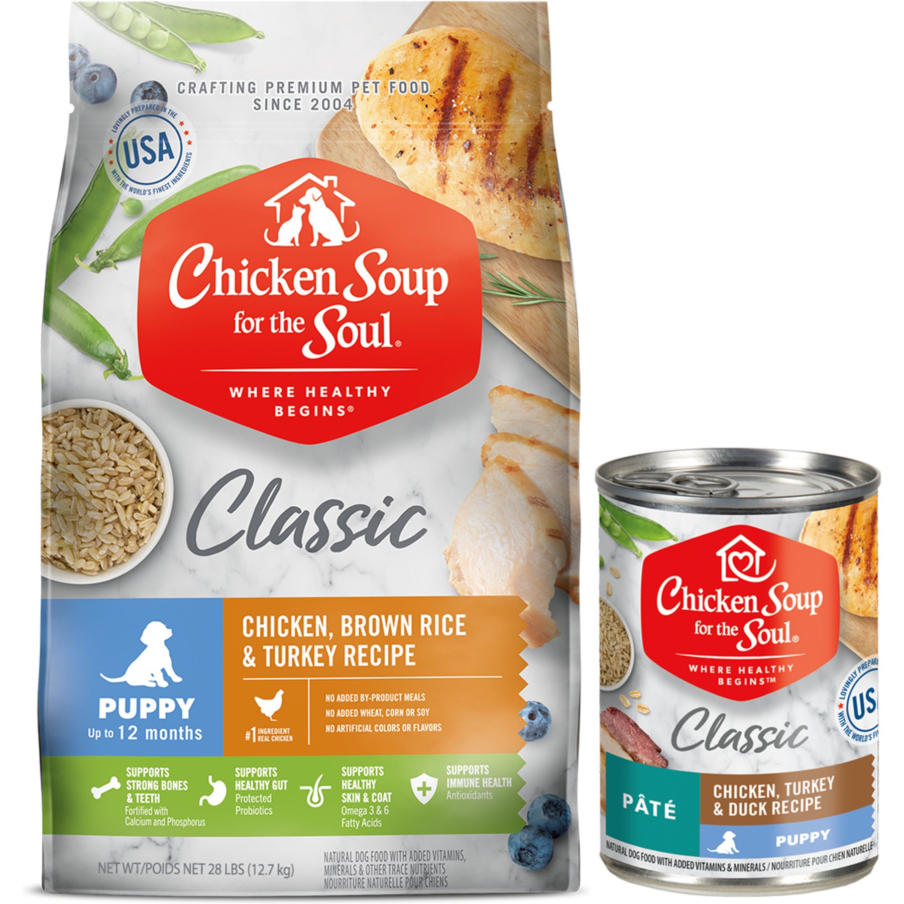 Chicken Soup for the Soul Dry & Wet Food Bundle: Puppy Chicken, Turkey & Brown Rice Dry Food, 28-lb bag + Puppy Pate Chicken, Turkey & Duck Canned Food, 13-oz, case of 12
