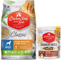 Chicken Soup for the Soul Food & Treats Bundle: Adult Chicken, Turkey, & Brown Rice Dry Food, 28-lb bag + Crunchy Bites Peanut Butter Treats, 12-oz bag