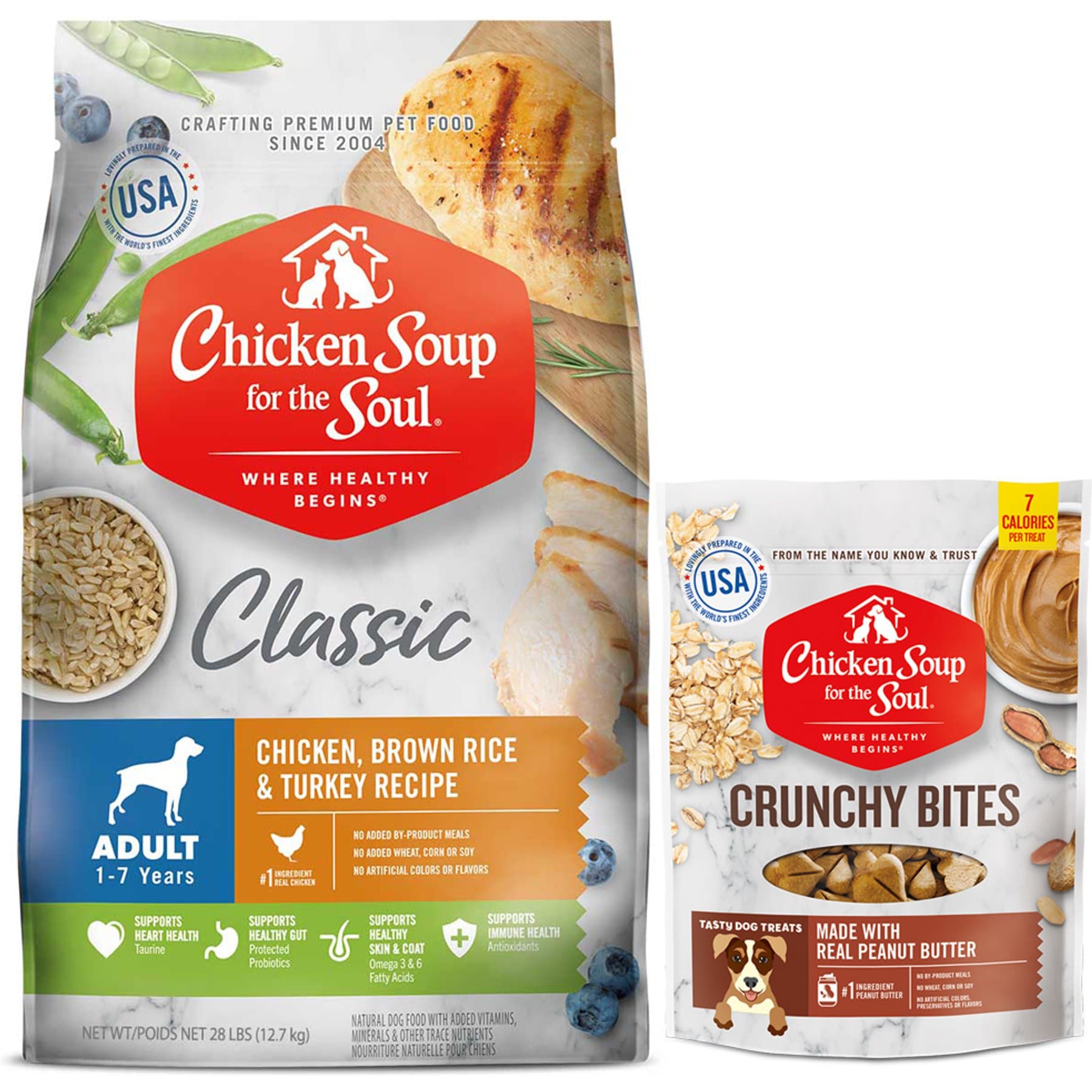 Chicken Soup for the Soul Food & Treats Bundle: Adult Chicken, Turkey, & Brown Rice Dry Food, 28-lb bag + Crunchy Bites Peanut Butter Treats, 12-oz bag