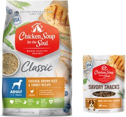 Chicken Soup for the Soul Food & Treats Bundle: Adult Chicken, Turkey, & Brown Rice Dry Food, 28-lb bag + Savory Snacks Chicken Treats, 6-oz bag