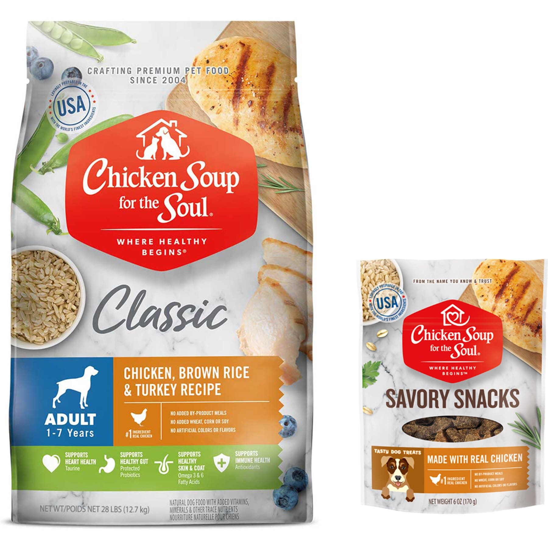 Chicken Soup for the Soul Food & Treats Bundle: Adult Chicken, Turkey, & Brown Rice Dry Food, 28-lb bag + Savory Snacks Chicken Treats, 6-oz bag