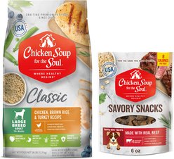Chicken Soup for the Soul Food & Treats Bundle: Large Breed Adult Chicken, Turkey & Brown Rice Dry Food, 28-lb bag + Savory Snacks Beef Dog Treat, 6-oz bag