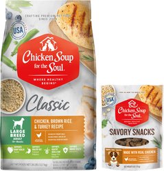 Chicken Soup for the Soul Food & Treats Bundle: Large Breed Adult Chicken, Turkey & Brown Rice Dry Food, 28-lb bag + Savory Snacks Chicken Treats, 6-oz bag