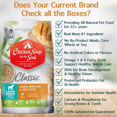 Show full view: Chicken Soup for the Soul Food & Treats Bundle: Large Breed Puppy Chicken, Turkey & Brown Rice Dry Food, 28-lb bag + Savory Snacks Chicken Treats, 6-oz bag slide 3 of 9