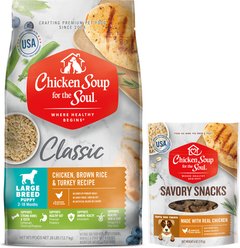 Chicken Soup for the Soul Food & Treats Bundle: Large Breed Puppy Chicken, Turkey & Brown Rice Dry Food, 28-lb bag + Savory Snacks Chicken Treats, 6-oz bag