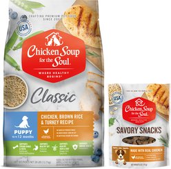 Chicken Soup for the Soul Food & Treats Bundle: Puppy Chicken, Turkey & Brown Rice Dry Food, 28-lb bag + Savory Snacks Chicken Treats, 6-oz bag