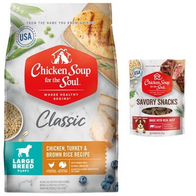 Chicken Soup for the Soul Chicken Soup for the Soul Large Breed Puppy Chicken, Turkey & Brown Rice Recipe Dry Food, 13.5-lb bag + Savory Snacks Beef Dog Treat, 6-oz bag
