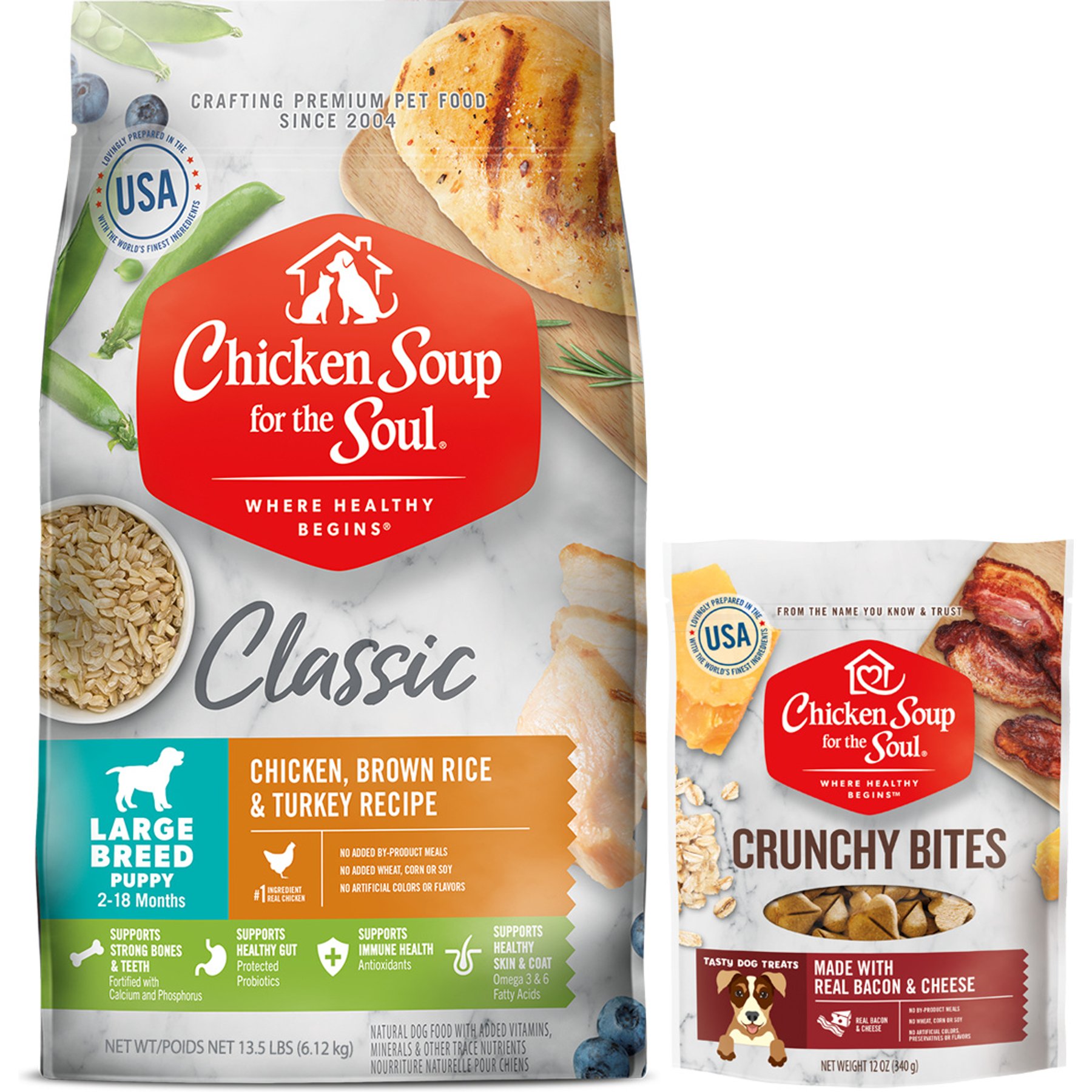 Chicken Soup for the Soul Large Breed Puppy Chicken, Turkey & Brown Rice Recipe Dry Food, 13.5-lb bag + Crunchy Bites Bacon & Cheese Dog Treats, 12-oz bag