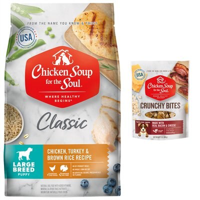 Chicken Soup for the Soul Chicken Soup for the Soul Large Breed Puppy Chicken, Turkey & Brown Rice Recipe Dry Food, 28-lb bag + Crunchy Bites Bacon & Cheese Dog Treats, 12-oz bag