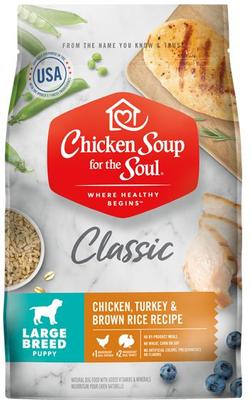 Show full view: Chicken Soup for the Soul Large Breed Puppy Chicken, Turkey & Brown Rice Recipe Dry Food, 28-lb bag + Crunchy Bites Bacon & Cheese Dog Treats, 12-oz bag slide 2 of 9