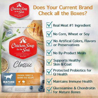 Show full view: Chicken Soup for the Soul Mature & Senior Chicken, Turkey & Brown Rice Recipe Dry Dog Food, 28-lb bag slide 7 of 12