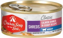 Chicken Soup for the Soul Salmon Dinner in Gravy Recipe Shreds Wet Cat Food, 5.5-oz can, case of 12
