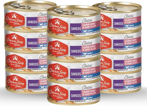 Show full view: Chicken Soup for the Soul Salmon Dinner in Gravy Recipe Shreds Wet Cat Food, 5.5-oz can, case of 12 slide 3 of 11