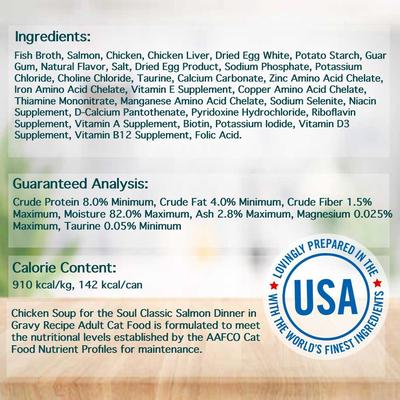 Show full view: Chicken Soup for the Soul Salmon Dinner in Gravy Recipe Shreds Wet Cat Food, 5.5-oz can, case of 24 slide 4 of 8