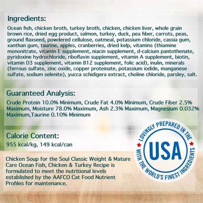 Show full view: Chicken Soup for the Soul Weight & Mature Care Senior Ocean Fish, Chicken & Turkey Recipe Pate Canned Cat Food, 5.5-oz, case of 24 slide 4 of 10