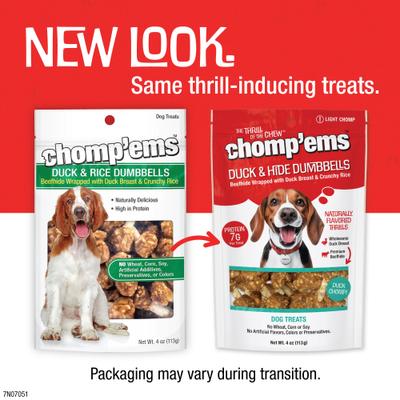 Show full view: Chomp'ems Duck & Rice Dumbbells Jerky Dog Treats, 4-oz bag slide 4 of 5