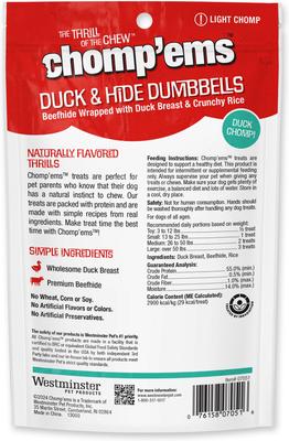 Show full view: Chomp'ems Duck & Rice Dumbbells Jerky Dog Treats, 4-oz bag slide 3 of 5