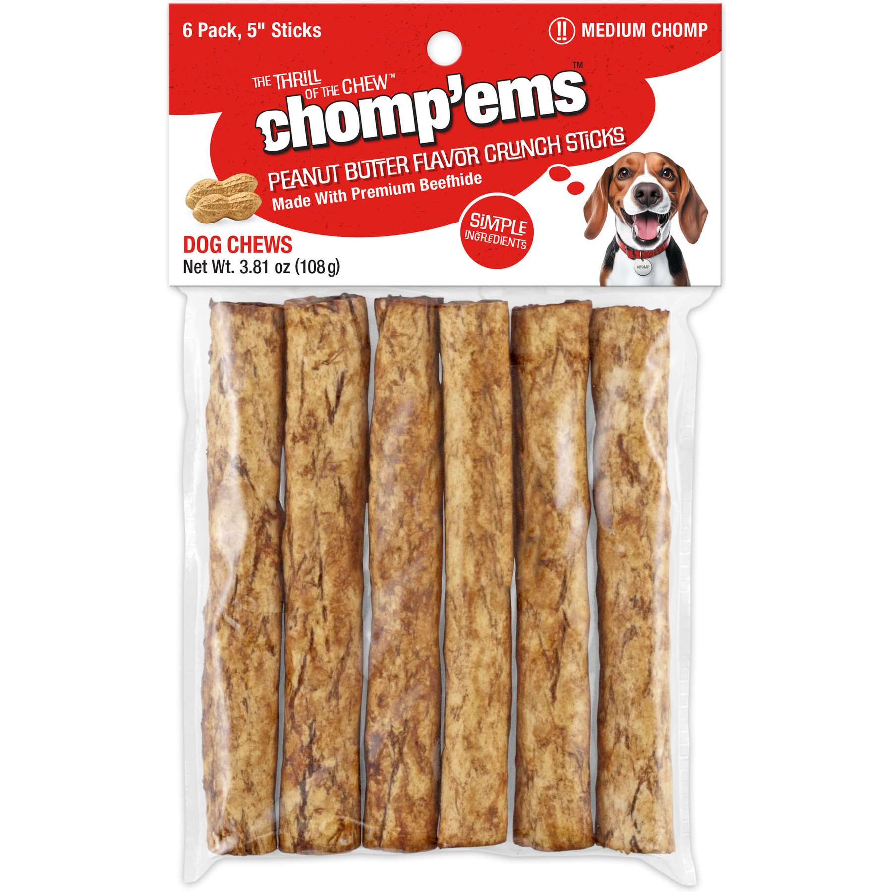Chomp'ems Peanut Butter Crunchy Sticks Dog Treats, 6 count