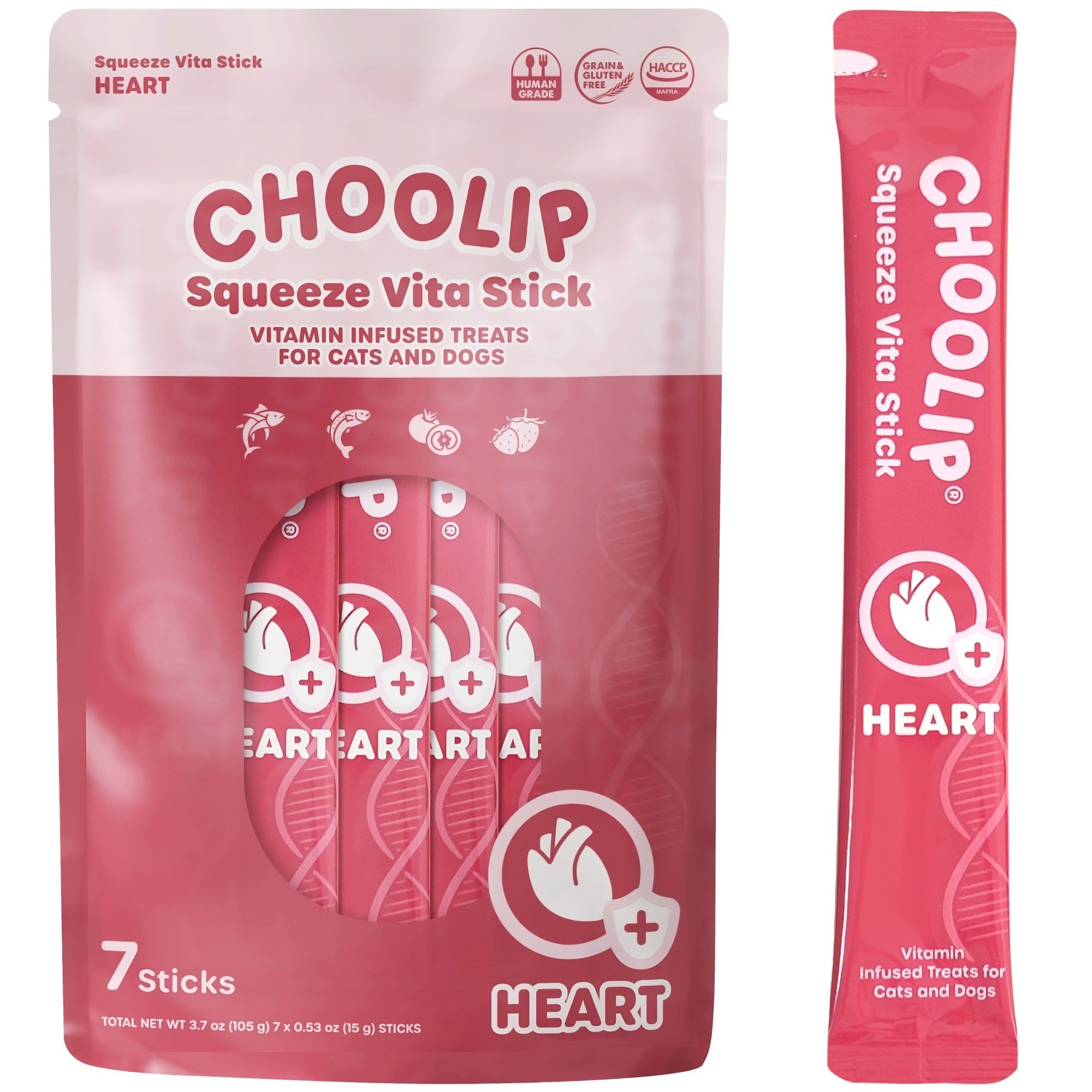Questions and Answers about CHOOLIP Squeeze Vita Stick Heart Support  Lickable Dog & Cat Treats, 3.7-oz pouch, 7 count